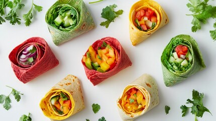 Colorful Fresh Wraps with Vegetables and Herbs on White Background