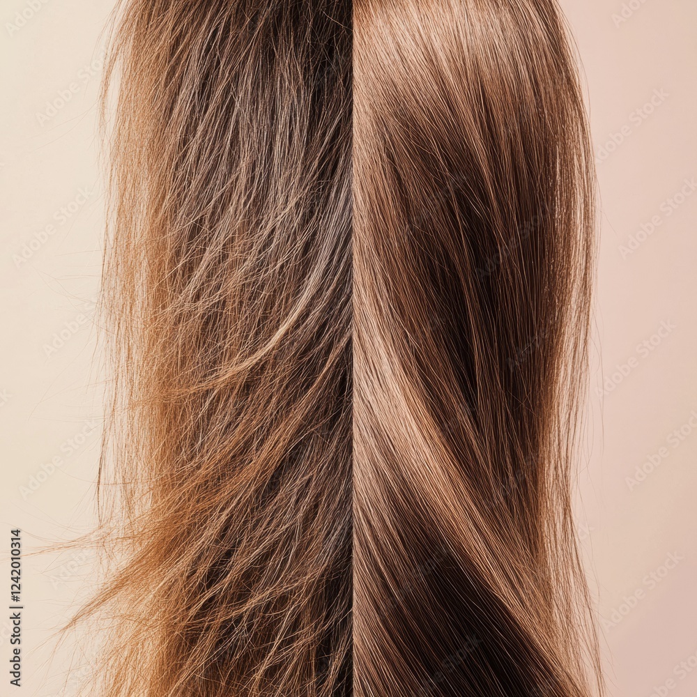 Poster comparison of damaged dull hair and shiny healthy hair strands showcasing distinct differences in ap