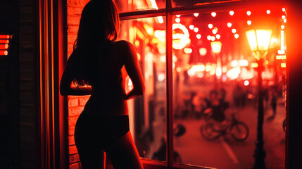 Prostitute looking at the street in Red lights district