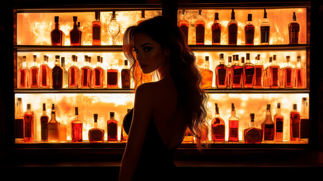 Silhouette of a young woman against shelf with alcohol - nightlife, promiscuity, unsafe sex