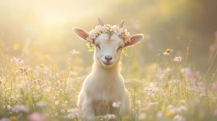 Obraz premium Adorable baby lamb with soft white wool standing in a golden meadow, gazing curiously at the camera, surrounded by a peaceful natural landscape with warm sunlight
