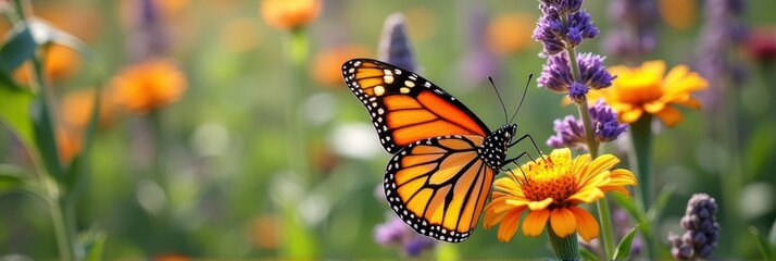 Fototapeta premium Monarch butterfly perched on vibrant flower in blooming garden