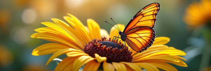 Vibrant orange butterfly resting on bright yellow flower in sunlit garden
