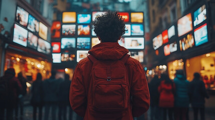 A chaotic scene symbolizing information overload in the modern world, with hyper-realistic digital screens, social media icons, and digital noise, conveying the pressure of constant information consum