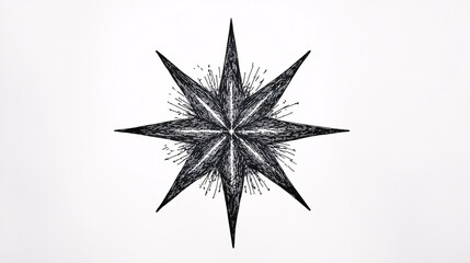 Obraz premium A sharp black and white compass rose illustration with bold symmetrical lines and abstract splatter details adding artistic depth and texture 