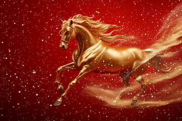 Golden horse on red background, Chinese New Year, year of the horse