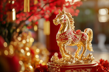 Fototapeta premium Golden horse on red background, Chinese New Year, year of the horse