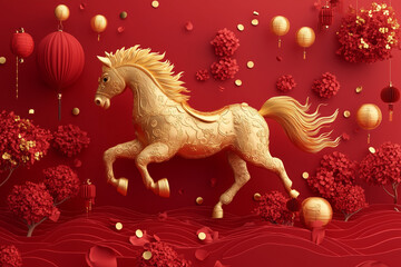 Golden horse on red background, Chinese New Year, year of the horse