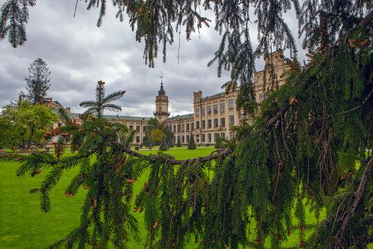 Kyiv, Ukraine - 22 April, 2024: Scenic view of  Historical building of the Kiev Polytechnic University Igor Sikorsky. Park in front of the main building of KPI