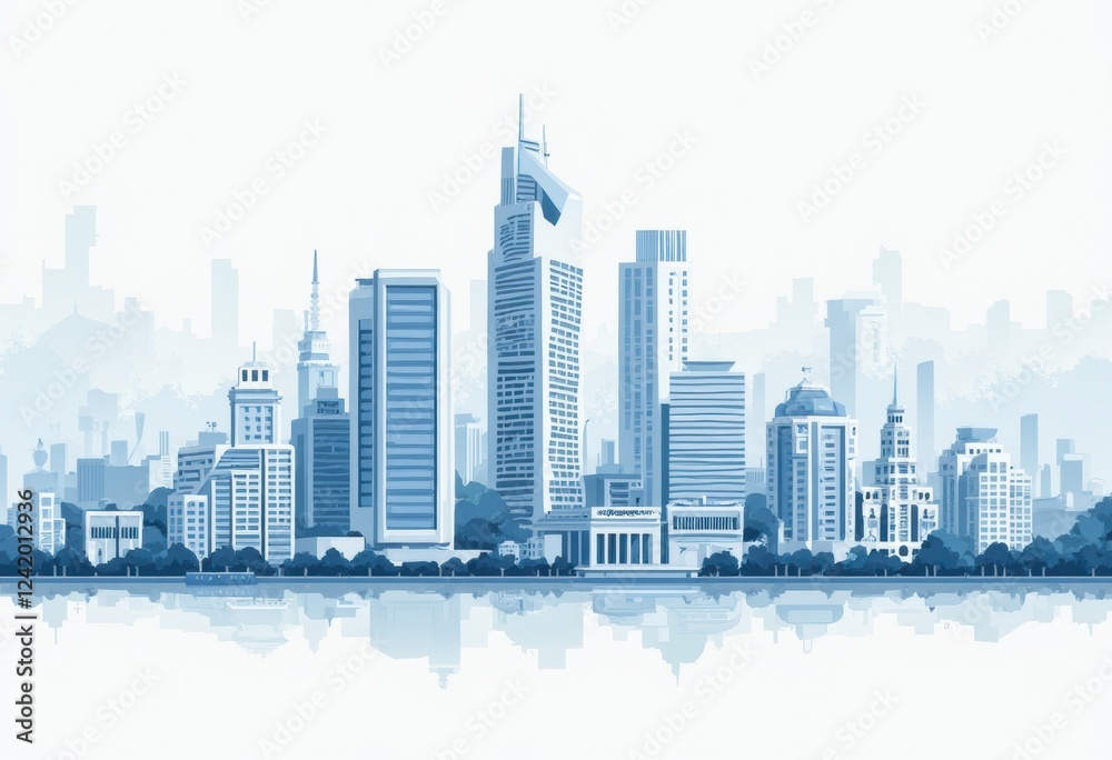 Poster foggy cityscape with skyscrapers and tall structures