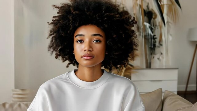 A young woman models a blank white crewneck sweatshirt, perfect for design ideas and mockup presentations.