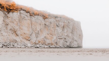 Misty coastal cliff, autumn foliage, sandy beach, serene landscape, travel poster
