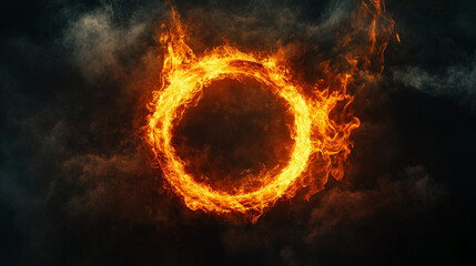 Fiery glowing circular energy ring against a dark smoky background, symbolizing power, intensity, and mysticism, radiating bright orange and yellow flames in a dramatic visual effect