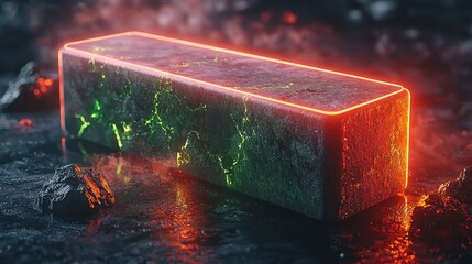 Glowing stone block, volcanic backdrop, energy, game asset