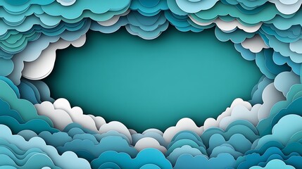 Teal sky clouds frame, paper art