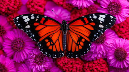 Naklejka premium Orange butterfly on pink flowers, nature background, spring