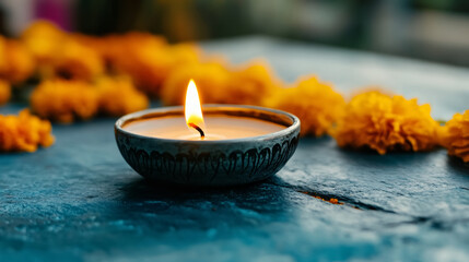 Diya Candle with Marigold Flowers 