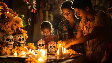 Family Honoring Ancestors at a Día de los Muertos Ofrenda