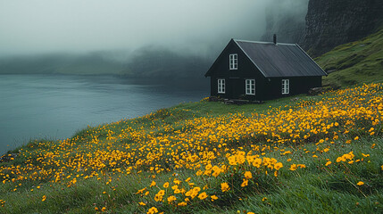 A mood board of landscape photography images featuring black dome houses in the Faroe Islands with yellow flowers, a misty island and green grassland, sea view, sky view, ultra-realistic, cinematic.