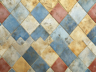 geometric tile texture aged ceramic pattern vintage mosaic worn squares abstract design background retro floor historic decor ornamental surface old style grid, home craft urban line retro exotic aged