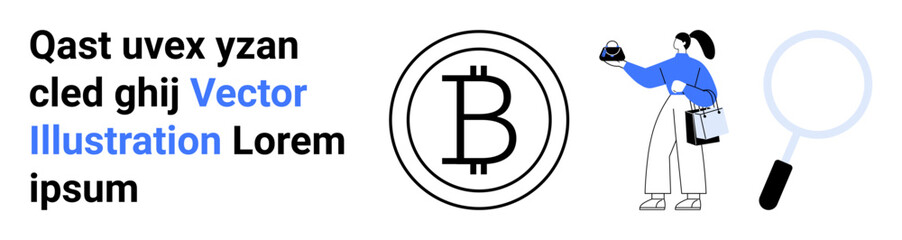 Woman holding shopping bag beside Bitcoin logo and magnifying glass, symbolizing cryptocurrency, e-commerce, and analysis. Ideal for finance, technology, modern banking, digital economy, trade