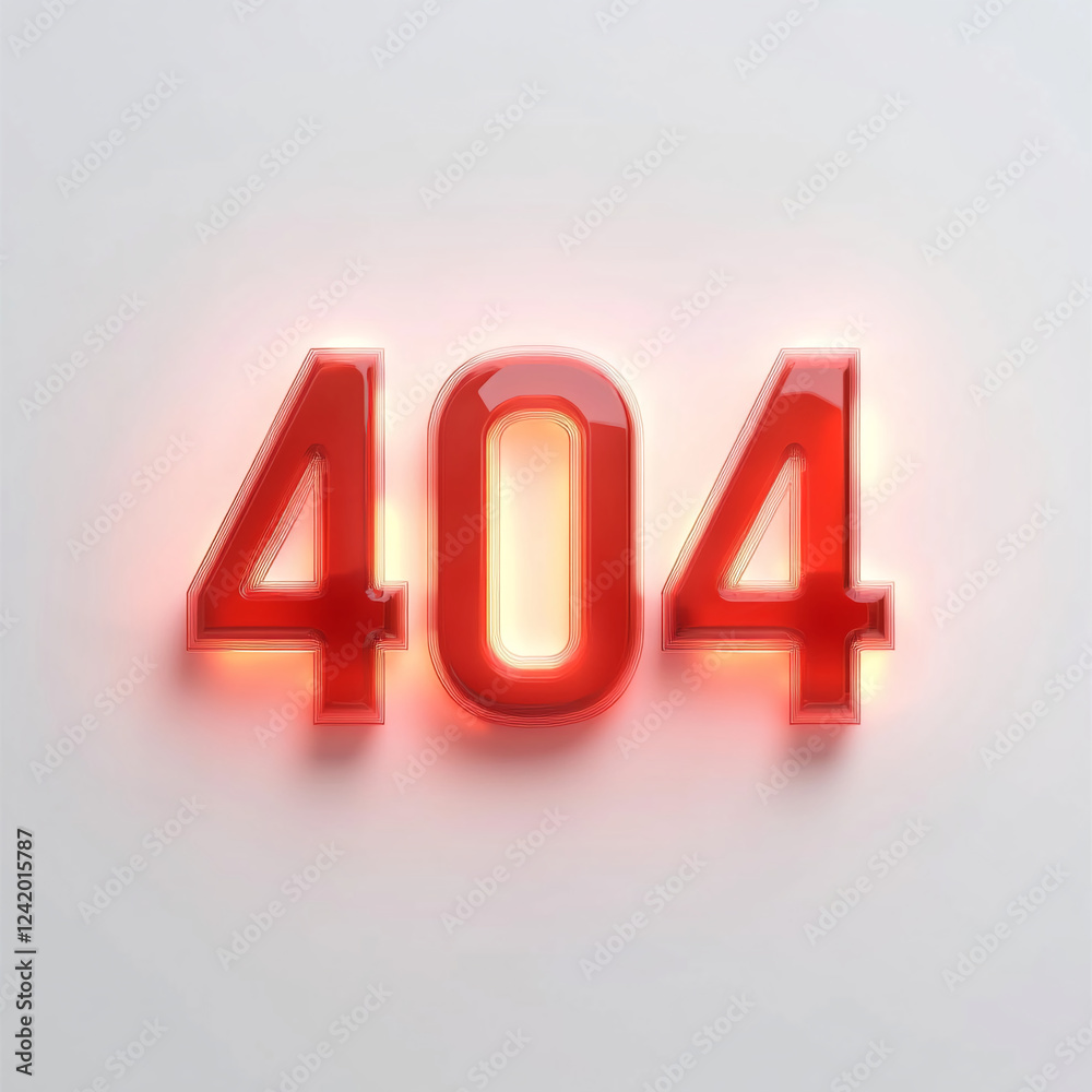 Poster Glowing red 404 error code displayed on a white background, representing a missing or broken page on the internet, often seen in web browsing.
