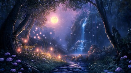 A serene, magical landscape featuring a waterfall, moonlight, and glowing fireflies.