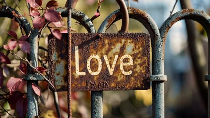 Rusty sign on a fence displaying love, blending decay with affectionate symbolism, Ai Generated