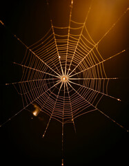 Fototapeta premium A detailed image of a delicate spider web shining with golden hues against the backdrop of a dark background, perfectly illuminated