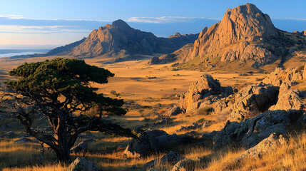Sunrise over steppe, rocky mountains, solitary tree. Landscapes