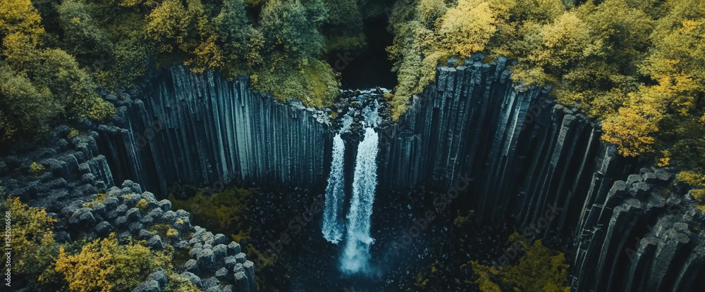 Poster a stunning waterfall flowing down through basalt columns surrounded by green trees in a vibrant fore