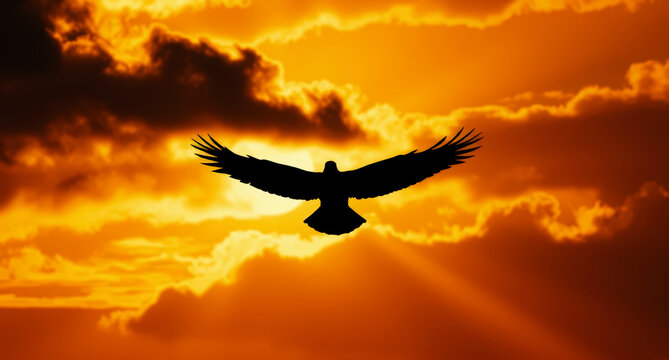 A silhouette of an eagle soaring gracefully in the vivid and dramatic hues of sunset clouds