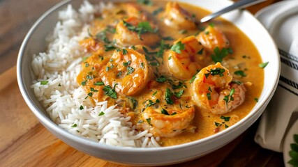 Delicious coconut shrimp curry served with rice, a creamy and flavorful delight, Ai Generated.