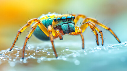 A macro shot of a delicate spider web adorned with glistening dew drops, symbolizing fragility, interconnectedness, and the beauty of nature. The modern, blurred background and empty caption space evo