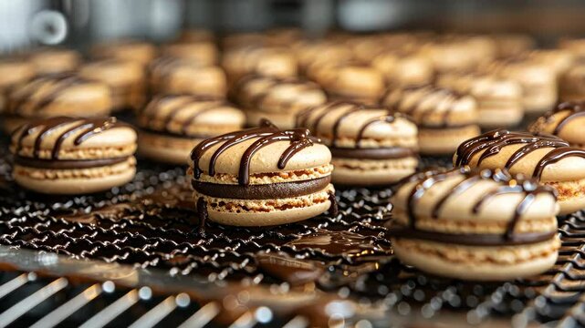 Alluring macarons with melted chocolate on metal mesh exude appetizing charm, Ai Generated.