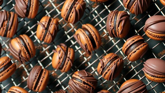 Alluring macarons with melted chocolate on metal mesh exude appetizing charm, Ai Generated.