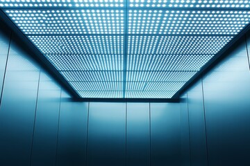 Illuminated elevator ceiling with LED lights.
