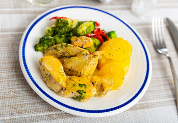 Popular dietary dish all over the world, made from appetizing chicken breast with broccoli and potatoes