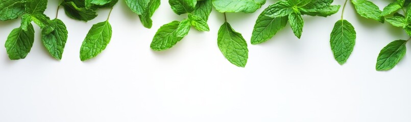 Fresh mint leaves border on white background; design element