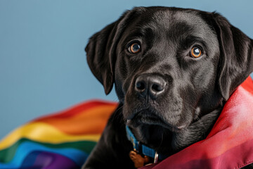 black labrador with rainbow flag, a close-up image of a black labrador retriever draped in a rainbow flag against a blue background, symbolizing diversity, love, and inclusion