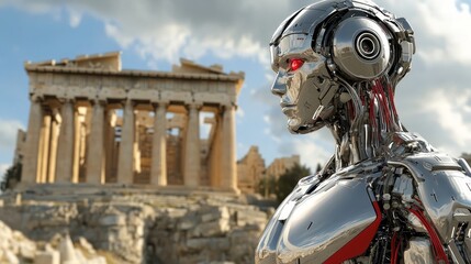 Fototapeta premium An advanced robot silhouetted against the backdrop of old architecture.