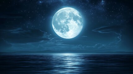 A serene night scene featuring a large moon illuminating a calm ocean under a starry sky.