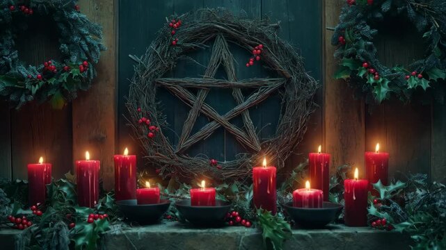 Pagan pentagram wreath with burning red candles and holly berries on dark wooden background. Mystical altar decoration for Winter Solstice, Yule celebration
