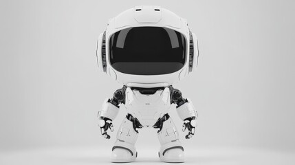 A friendly white robot with blue eyes is set against a white background.