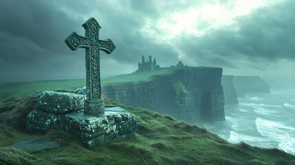 Color image, Celtic cross, Ireland, castle, Gothic, cliffs