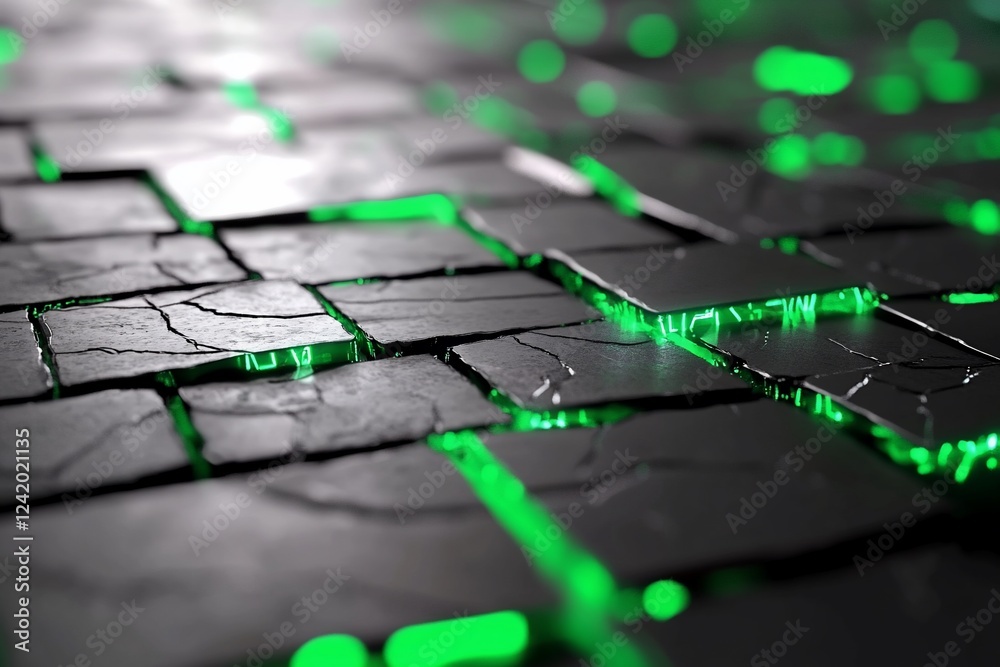 Canvas Prints Glowing green cracks in dark stone path.  Background use website design