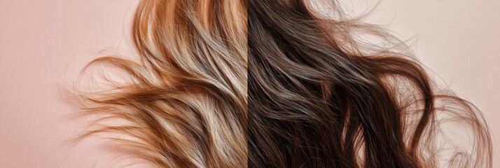 Fototapeta premium Comparison of damaged, dull hair strands versus shiny, healthy hair strands showcasing the difference in hair quality and appearance. Generative AI