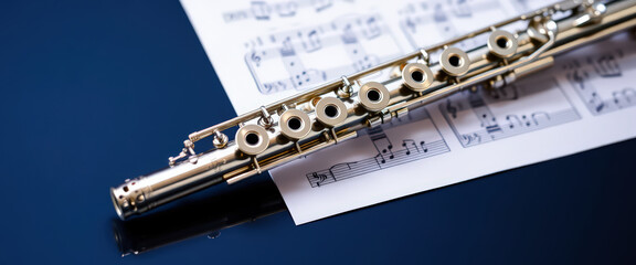 Obraz premium A detailed image of a polished silver flute resting on sheet music on a smooth, reflective blue surface.