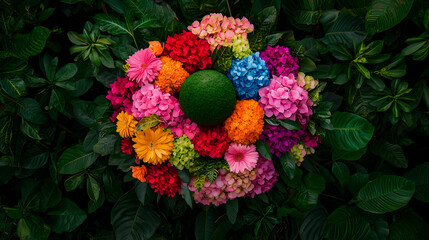 Colorful floral arrangement, garden backdrop, overhead view, vibrant blooms