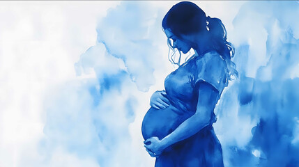 pregnant woman stroking her belly blue watercolor palette